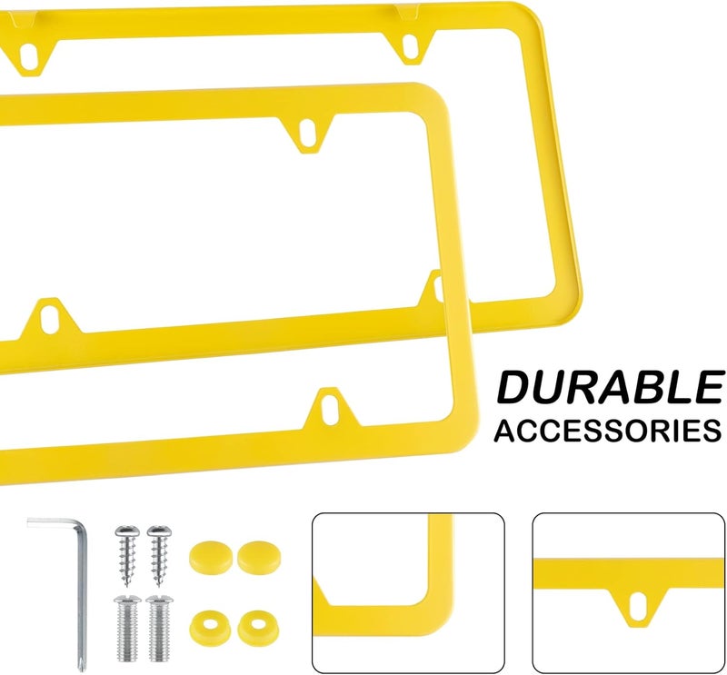 alpmosn 2PCS Stainless Steel License Plate Frames, 4 Holes Car Licence Plate Covers with Screws Washers and Caps, Car Exterior Accessories, License Plate Holder for US Vehicles (Yellow) - Image 3